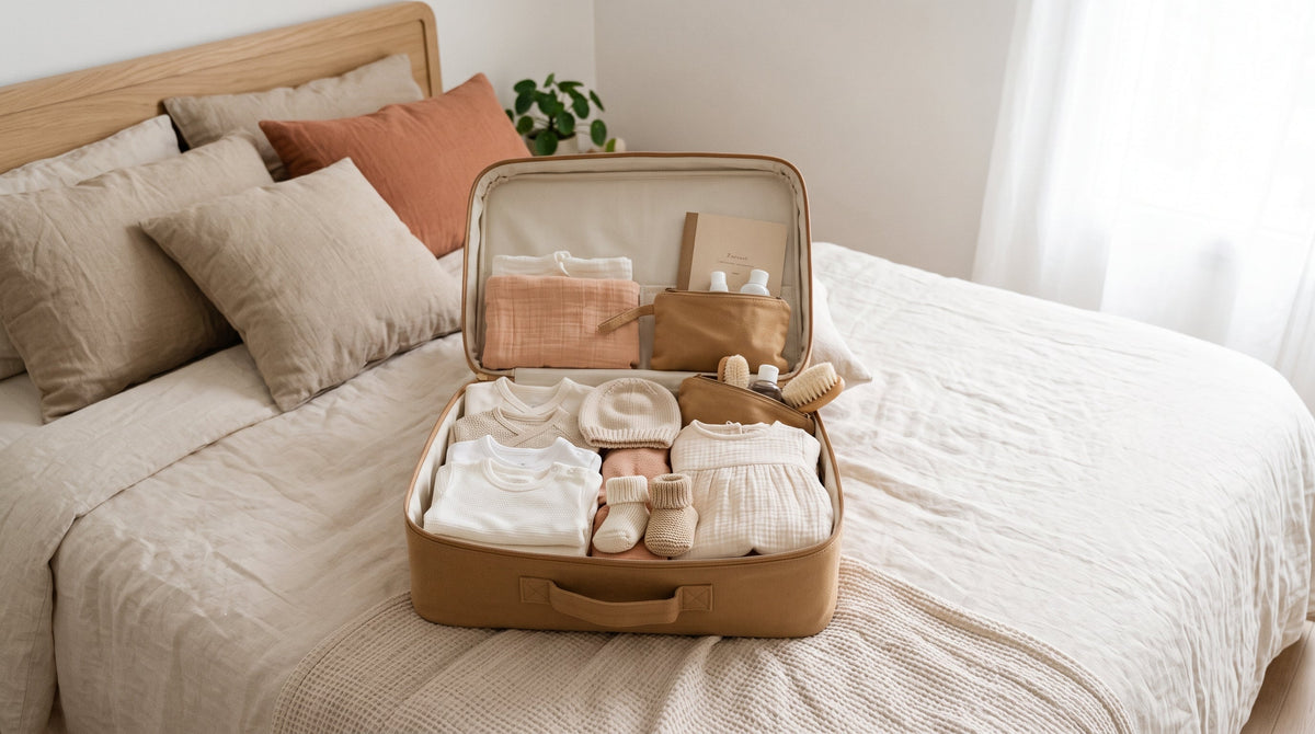 Valise de maternité ouverte avec vêtements de bébé