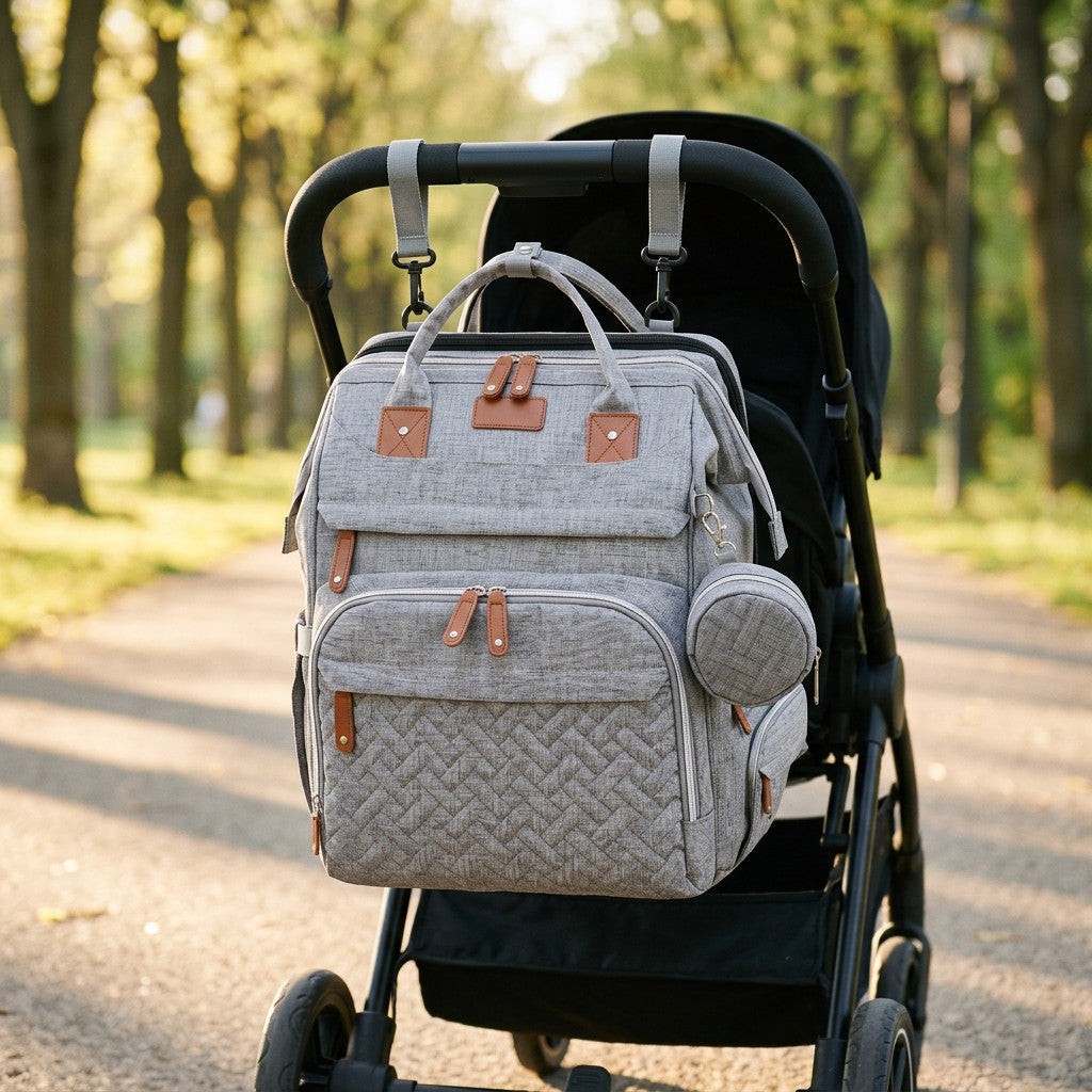 Sac accroché à la poussette avec ses crochets