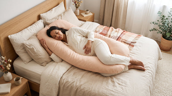 Femme enceinte endormie avec un oreiller de grossesse en U