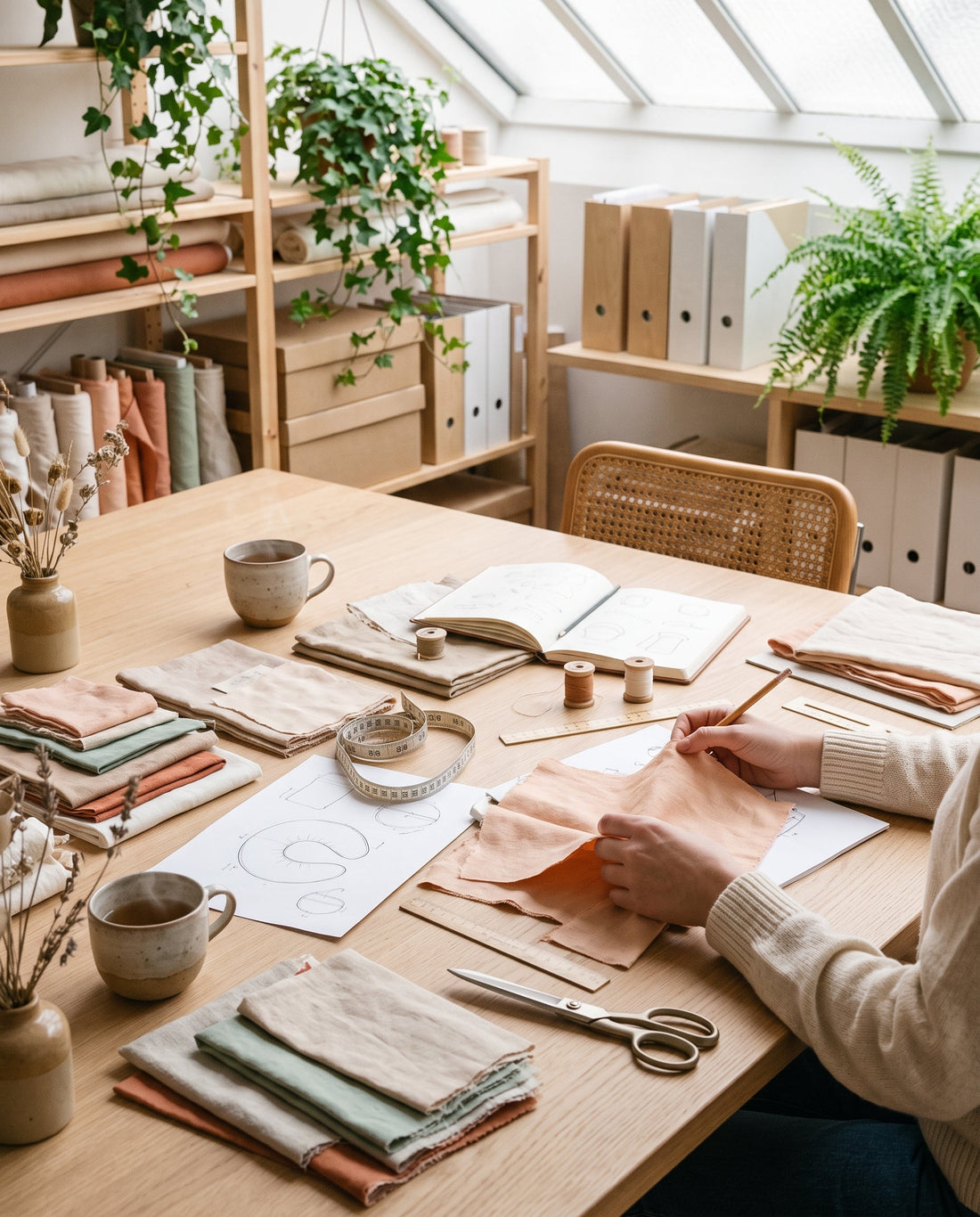 Table d'atelier avec échantillons de tissus et croquis de coussins