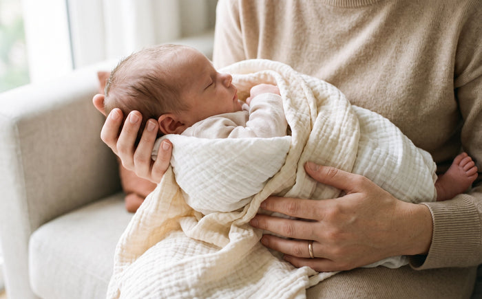 Mains d'une maman qui tiennent un nouveau-né emmailloté
