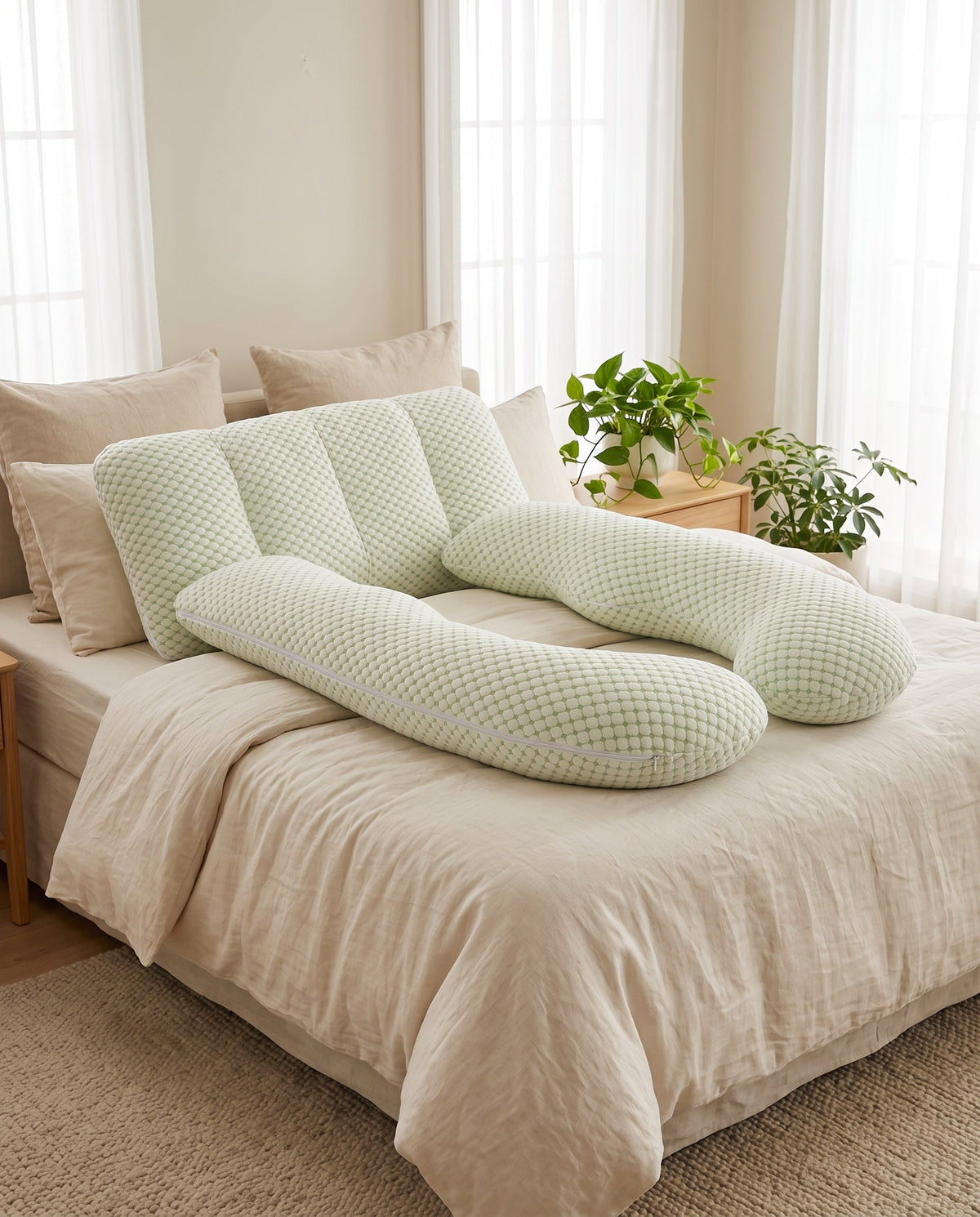 Coussin de grossesse en H vert dans une chambre